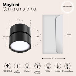 MAYTONI Spot reflektor sufitowy 1punktowy Natynkowy Obrotowy Onda 12W LED 700lm 4000K 80 CRI C024CL-L12B4K