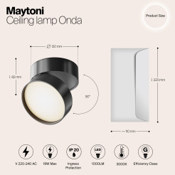 MAYTONI Spot reflektor sufitowy 1punktowy Natynkowy Obrotowy Onda 18W LED 1000lm 3000K 80 CRI C024CL-L18B