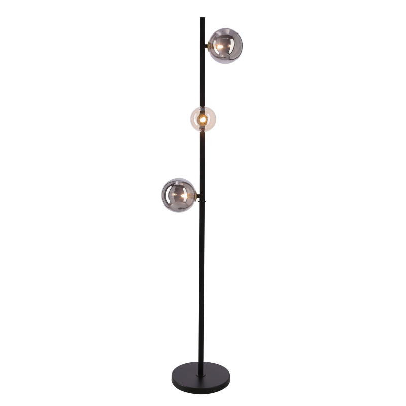 Lampa podłogowa Kama 3x28W G9 czarna i złota, klosze grafitowe i bursztynowe, elegancka lampa stojąca, nowoczesny design do salonu 53-47588