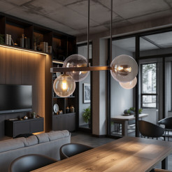 Lampa wisząca Kama 4x28W G9 czarna i złota, klosze grafitowe i bursztynowe, styl nowoczesny, elegancka oprawa sufitowa 34-47595