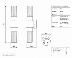 Lampa ścienna GLOW 46 cm - kinkiet złoty połysk, szkło ryflowane ST-DW7790