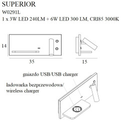 MAXLIGHT W0291L KINKIET SUPERIOR Z GNIAZDEM USB I ŁADOWARKĄ INDUKCYJNĄ BIAŁY